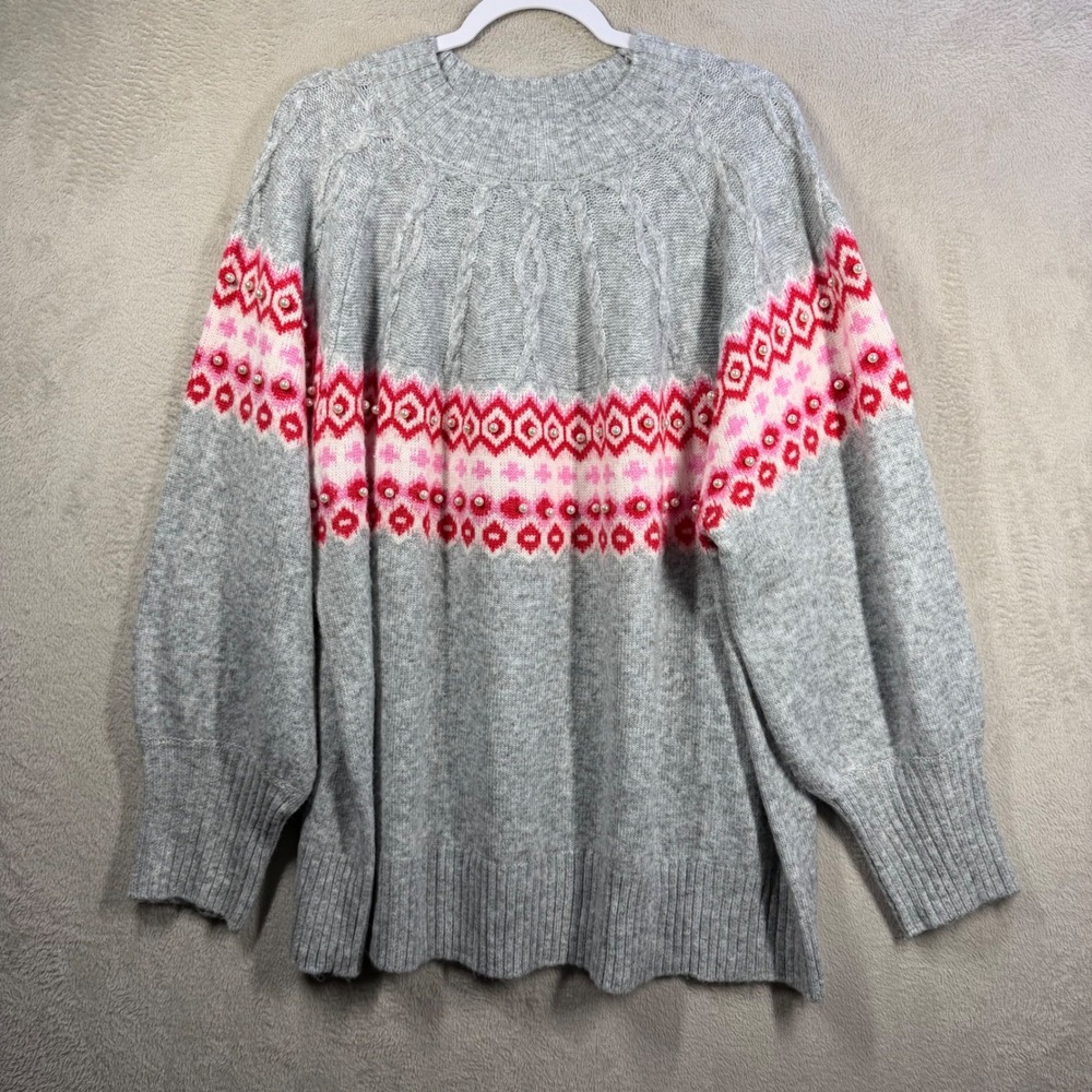 St John's Bay Sweater Womens 3X Gray Fair Isle Pearl Beaded Holiday Festive Cozy